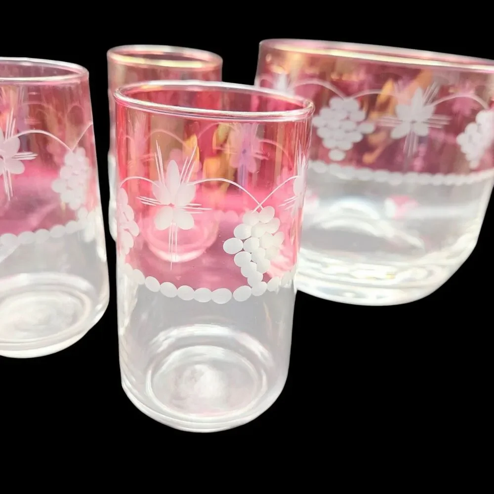 Vintage Red Flash Grape Glass Ice Bucket & 5 Old Fashioned Tumblers Set